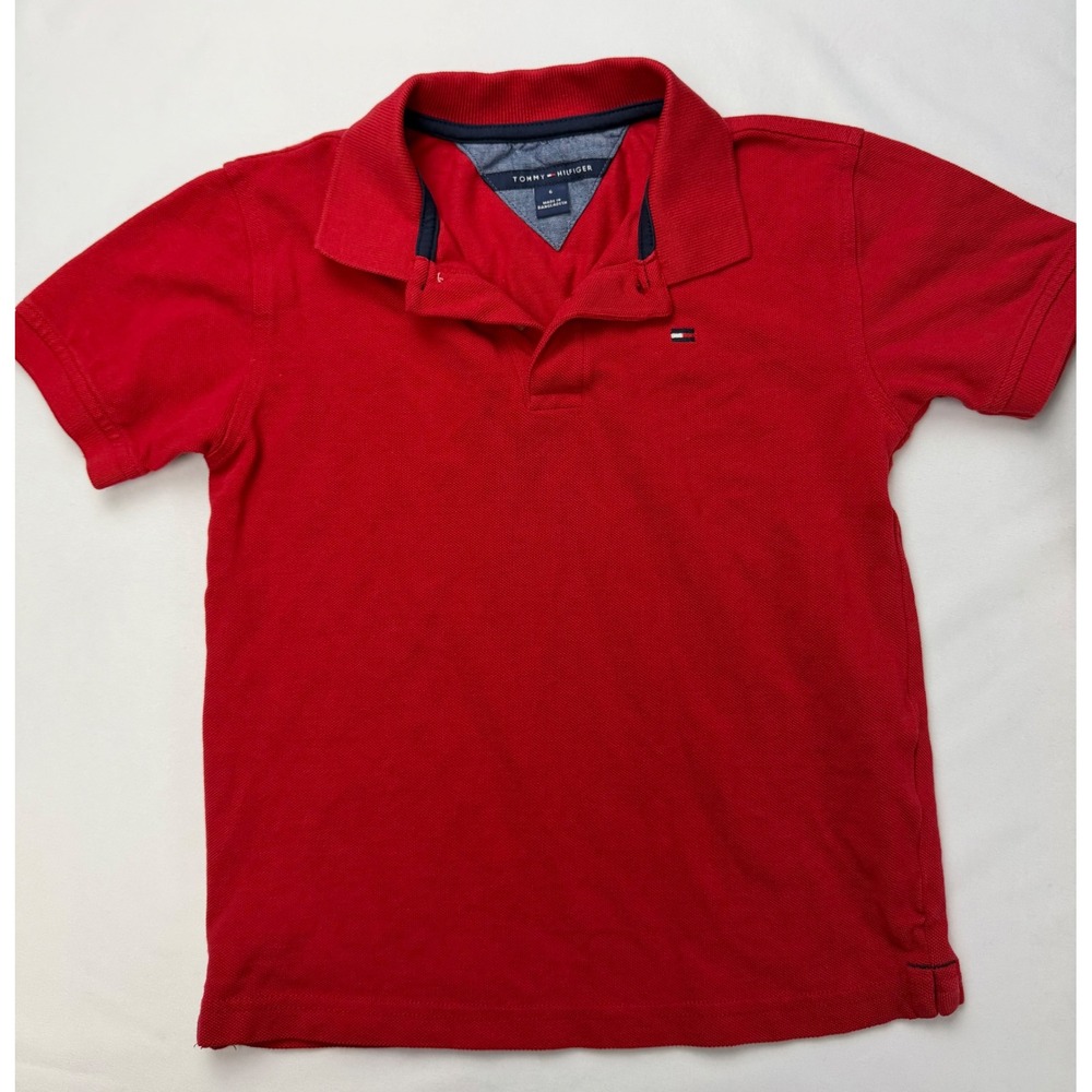 Tommy Hilfiger Boys Red Pique Polo Shirt Short Sleeve Size 6 Flag Logo